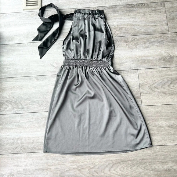 Guess Dark Grey ruffles Mock Neck Satin Dress - Picture 10 of 14